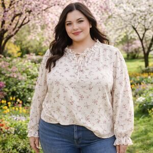 5XL Floral Ruffle Tie Neck Boho Cottagecore Coquette Romantic Soft Girl Blouse